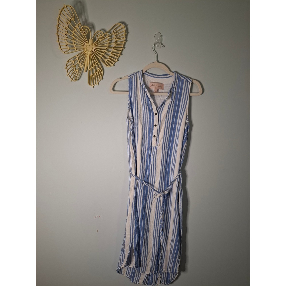 Philosophy Republic Clothing Blue White Striped Linen Blend Shirt Dress Small
